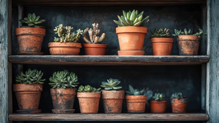 Discover a charming arrangement of various succulent plants in terracotta pots on a rustic wooden shelf, showcasing nature's beauty and tranquil vibes in any home or garden space.の素材