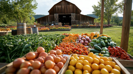 A stunning rural scene featuring a colorful array of fresh vegetables and fruits in wooden crates, with a rustic barn in the background under a bright sky.の素材