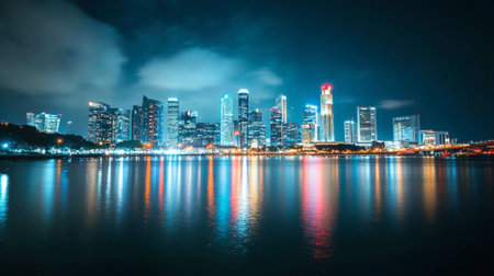 Stunning view of Singapore's skyline at night, with vibrant lights reflecting on the water. A perfect blend of modern architecture and serene ambiance capturing urban beauty.の素材