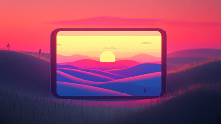 A captivating illustration featuring a smartphone displaying a stunning sunset landscape, blending nature and technology in vibrant colors that evoke calm and imagination.の素材