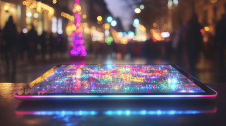 A stunning digital tablet showcases an array of colorful neon lights amidst a vibrant urban backdrop during the festive season, inviting a sense of wonder and creativity.の素材