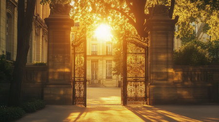 A stunning view of an ornate gate bathed in warm sunset light, leading into a peaceful garden within a historic European setting, perfect for tranquil moments and exploration.の素材