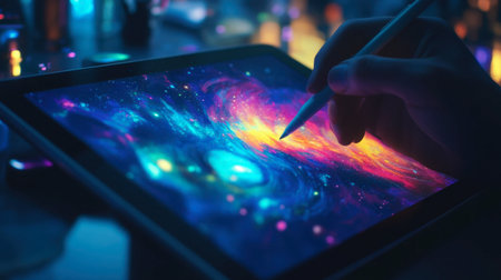 A captivating scene of a hand drawing a stunning galaxy on a tablet, showcasing vibrant colors and intricate details in a low light environment, ideal for art and technology themes.の素材