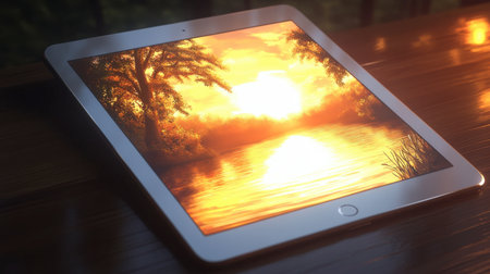 A digital tablet rests on a wooden table, displaying a stunning sunset over a calm lake. The vibrant colors create a serene atmosphere, perfect for relaxation and inspiration.の素材