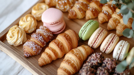 A beautifully arranged platter of assorted pastries showcasing croissants, macaroons, and creamy confections, ideal for gourmet gatherings and cafe displays.の素材
