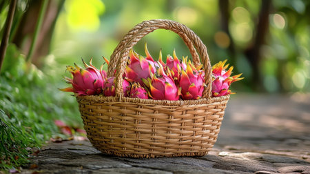 A beautiful wicker basket brimming with fresh dragon fruits, showcasing their vibrant pink skins and green tips, set against a lush, green backdrop, perfect for food photography.の素材