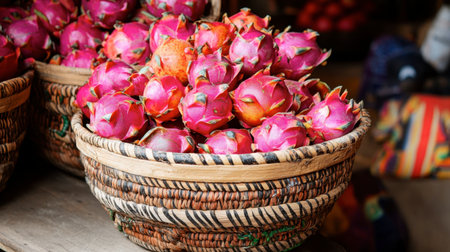 A stunning collection of dragon fruit rests in a beautifully woven basket, highlighting the fruit's vibrant pink skin and unique appearance, ideal for fresh market displays or healthy eating themes.の素材