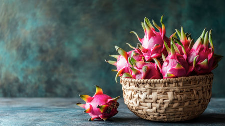 A stunning arrangement of vibrant dragon fruits in a woven basket accentuates the colorful textured background, ideal for healthy food and exotic fruit themes.の素材