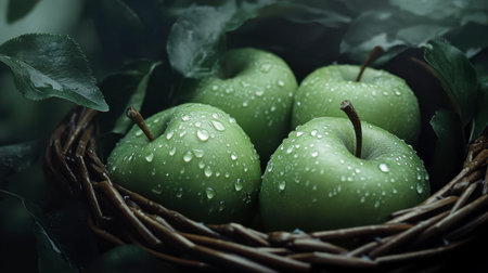 Beautiful green apples glisten with fresh water drops, arranged in a rustic basket surrounded by lush leaves, creating a serene and inviting natural composition.の素材