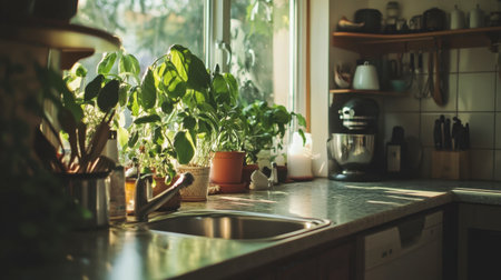A bright and inviting kitchen filled with vibrant green plants, showcasing a blend of modern appliances and a serene ambiance perfect for cooking and relaxation.の素材