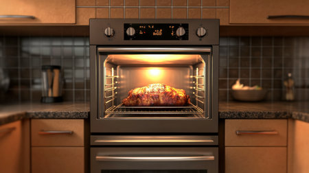A beautifully roasted meat sits in a modern kitchen oven, illuminated by warm lighting, offering an inviting glimpse into the culinary art of home cooking.の素材