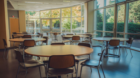 This image showcases a modern community center interior featuring empty tables and chairs, highlighting a bright atmosphere with large windows revealing vibrant autumn scenery.の素材
