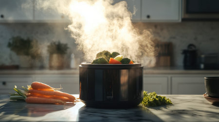 A beautiful scene in a modern kitchen showcasing freshly steamed broccoli and carrots rising from a pot, with steam creating a cozy atmosphere for healthy cooking.の素材