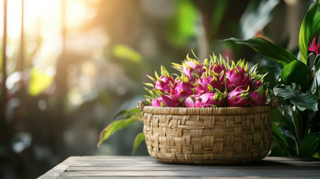 A beautiful arrangement of pink dragon fruits nestled in a handcrafted basket on a rustic wooden table, surrounded by vibrant foliage in a sunlit setting.の素材