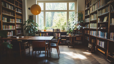 A tranquil library setting showcases wooden bookshelves, a large window inviting sunlight, and cozy seating. Perfect for reading, studying, or relaxation.の素材