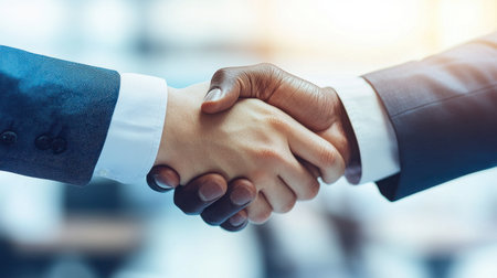 Two businessmen engaging in a firm handshake in a professional setting, symbolizing trust and cooperation for future collaborations and successful partnerships.の素材