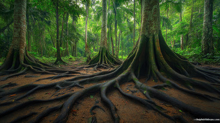Explore a captivating jungle scene showcasing towering trees with intricate roots, surrounded by a vibrant green landscape that embodies the tranquility and beauty of nature.の素材