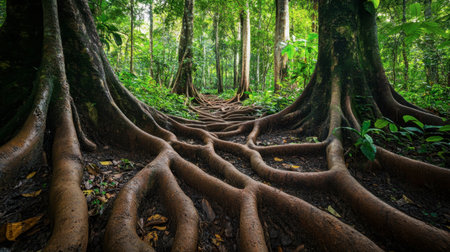 Explore a captivating forest scene showcasing majestic trees and their intricate roots, creating a serene pathway amidst vibrant greenery and natural beauty.の素材