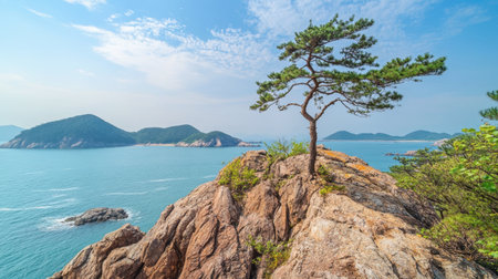 A stunning view showcasing a solitary pine tree perched on a rocky cliff, overlooking the tranquil blue ocean and distant islands, ideal for nature lovers and travel enthusiasts.の素材