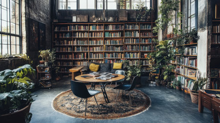 A serene reading area featuring expansive bookshelves filled with books, surrounded by lush indoor plants, designed for comfort and relaxation in a warm atmosphere.の素材