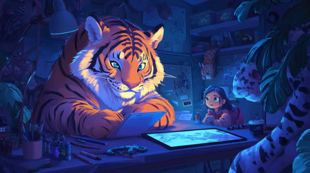 A captivating scene featuring a girl and a magnificent tiger in a cozy workspace filled with art supplies and jungle elements, sparking creativity and imagination.の素材