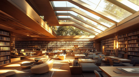 A tranquil and spacious modern library filled with natural light, featuring expansive shelves, comfortable seating, and a serene atmosphere perfect for reading and studying.の素材