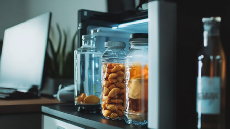 A captivating display of refreshing beverages and snacks in stylish jars and bottles, set against a modern kitchen backdrop, highlighting simplicity and freshness.の素材