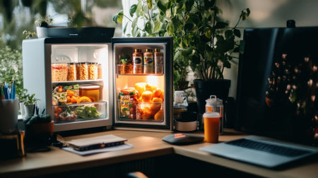 A modern home office scene featuring an open refrigerator filled with fresh fruits and vegetables, highlighting healthy living and workspace organization amid greenery.の素材