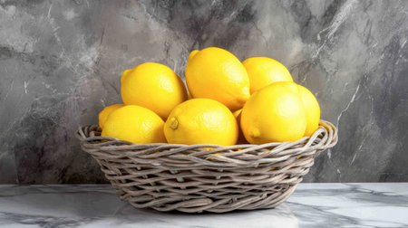 A beautiful arrangement of bright yellow lemons in a rustic woven basket set against a stylish marble backdrop, ideal for enhancing kitchen aesthetics and culinary arts.の素材