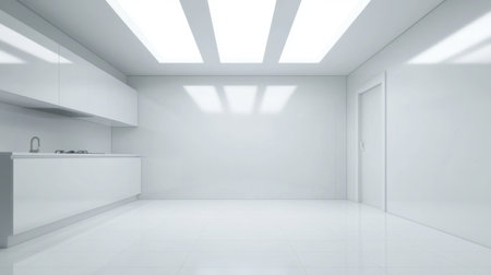 A spacious, modern kitchen featuring sleek white cabinets and bright natural light from skylights creates an inviting and clean atmosphere perfect for cooking and entertaining.の素材