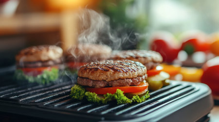 Savor the enticing aroma of freshly grilled beef burgers on a hot surface, accented with vibrant vegetables, perfect for any culinary occasion or home cooking adventure.の素材