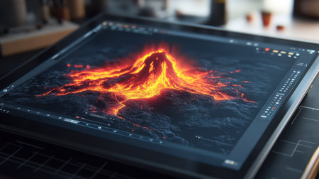 A captivating digital artwork featuring a volcanic eruption, showcasing bright lava streaming down a mountain, displayed on a modern tablet in an artistic workspace.の素材