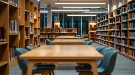 Spacious modern library interior featuring wooden shelves filled with books, warmly lit tables, and a calm atmosphere ideal for studying or reading in comfort.の素材