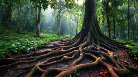 A breathtaking view of a majestic tree with intricate exposed roots in a lush forest. The image showcases the serenity and beauty of nature, enveloped in a soft fog.の素材