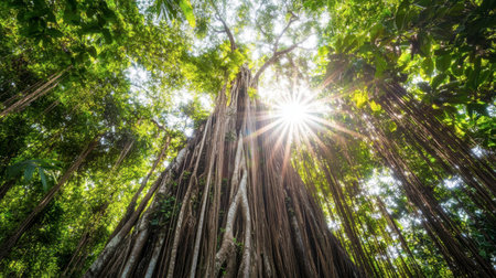 A stunning banyan tree stands tall in a tropical jungle, sunlight streaming through rich green foliage, creating a serene and vibrant atmosphere perfect for nature lovers.の素材