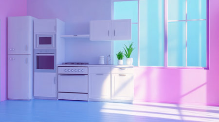 Bright and inviting modern kitchen featuring minimalist design with pink and blue accents, sleek appliances, and abundant natural light for a refreshing atmosphere.の素材