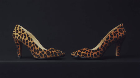 Eye-catching leopard print high heels set against a dark backdrop, ideal for fashion shoots, editorial use, or marketing materials highlighting modern style in women's footwear.の素材