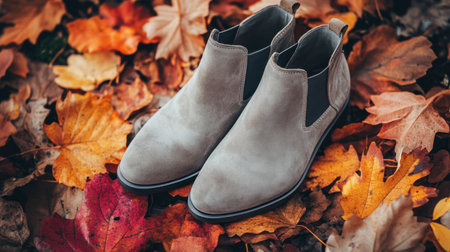 Capture the essence of autumn with these stylish grey ankle boots set against a backdrop of vibrant fall leaves. Perfect for fashion and seasonal themes.の素材