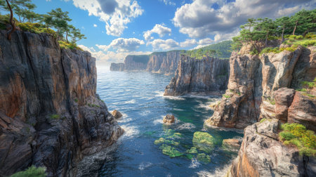 This stunning coastal landscape showcases dramatic cliffs rising above a vibrant ocean, with clouds casting shadows on the water, creating a serene and picturesque view for nature lovers.の素材