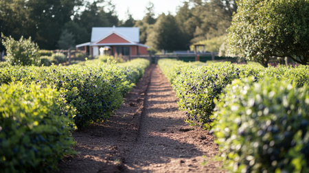A serene view of lush blueberry fields leading to a charming cottage, showcasing the beauty of nature and summer harvest in a picturesque rural landscape.の素材