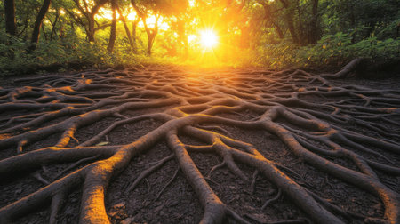A captivating view of tree roots sprawling across the forest floor, bathed in warm sunlight during golden hour, evoking a sense of tranquility and beauty in nature.の素材