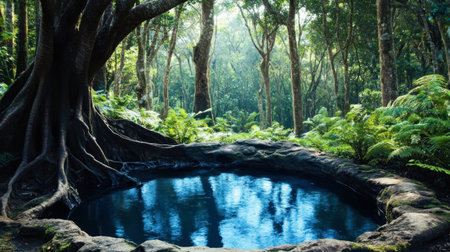 A tranquil forest pool reflects the lush surroundings, with majestic trees and vibrant foliage creating a serene atmosphere perfect for nature lovers.の素材
