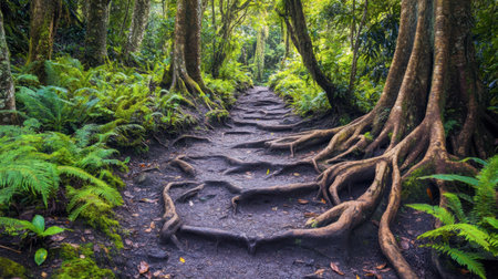 Explore a serene forest pathway lined with winding tree roots and vibrant greenery, inviting adventurers into the heart of a tropical rainforest.の素材