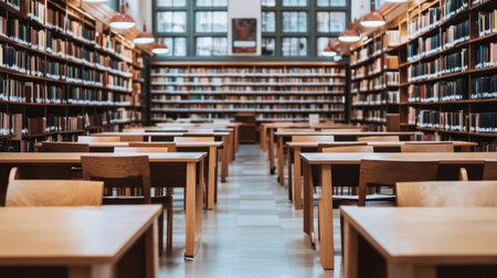 A tranquil library scene showcasing rows of wooden desks surrounded by towering bookshelves, creating a perfect atmosphere for study and reading.の素材