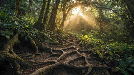 A captivating forest scene featuring sunlight pouring through a canopy of green trees, illuminating a winding path adorned with fascinating tree roots in a tranquil environment.の素材