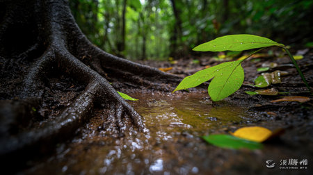 A captivating close-up scene revealing a vibrant green leaf beside a tree root in a rainforest, with water gently pooling on the rich, dark ground, showcasing the serenity of nature.の素材
