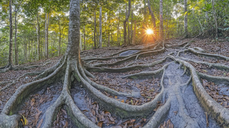 A serene forest scene capturing sunlight filtering through the canopy, illuminating intricate root systems on the forest floor, showcasing nature's beauty and tranquility.の素材