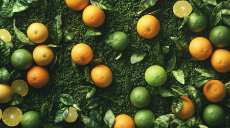 A vivid flat lay capture of fresh oranges and limes surrounded by lush green leaves, creating a vibrant and appealing composition perfect for food-related themes.の素材