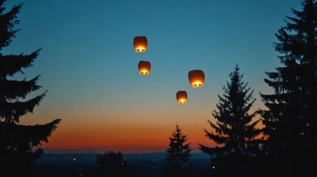 Beautiful scene of floating lanterns in the evening sky, with silhouetted trees and a fading sunset, evoking feelings of tranquility and celebration in nature.の素材