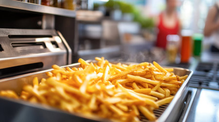 A close-up view of freshly cooked golden fries in a bustling kitchen, showcasing the delicious crispy texture and steam rising, perfect for a fast food experience.の素材